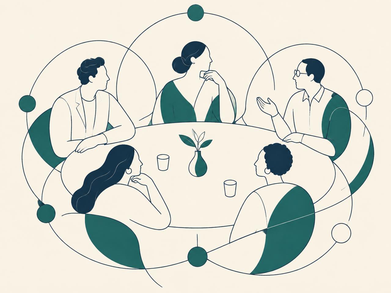 Illustration of practitioners connected around a shared table